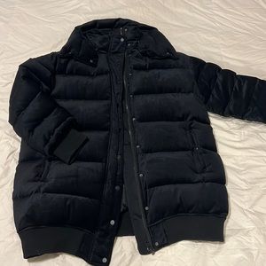 VERY warm black velvet mid-length puffer coat